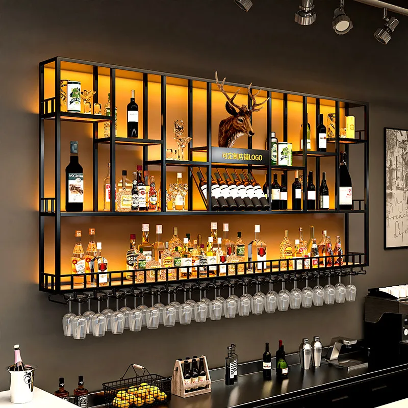 

Modern Nordic bar counter wine cabinet against the wall, hanging shelves, industrial style bar, wrought iron display stand