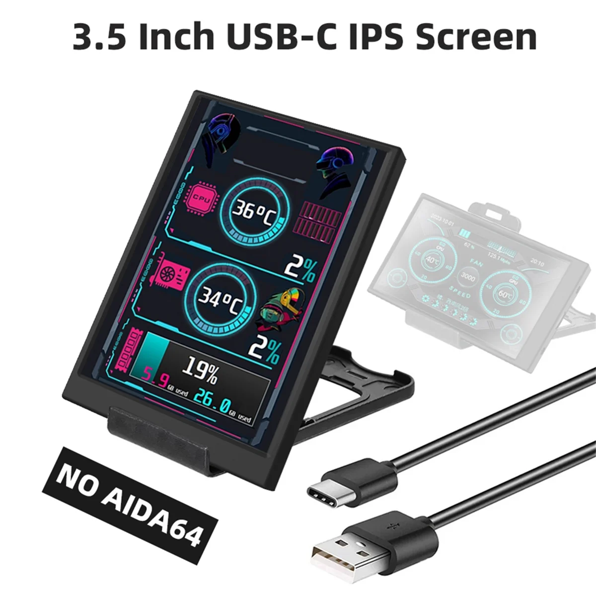 3.5 Inch IPS Type C Secondary Screen USB Display for Computer CPU GPU RAM HDD Monitor NO AIDA64