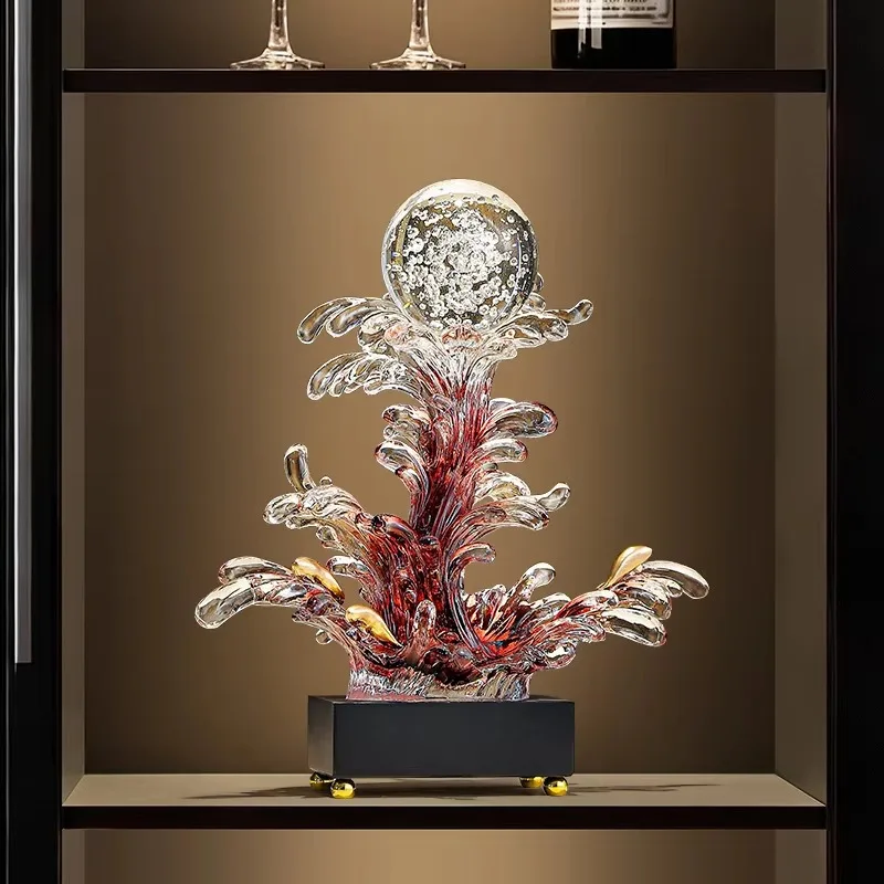 Wave Shaped Transparent Tabletop Sculpture Clear Sphere Accent Dark Rectangular Base Cabinet Display Craft Gradient Red White