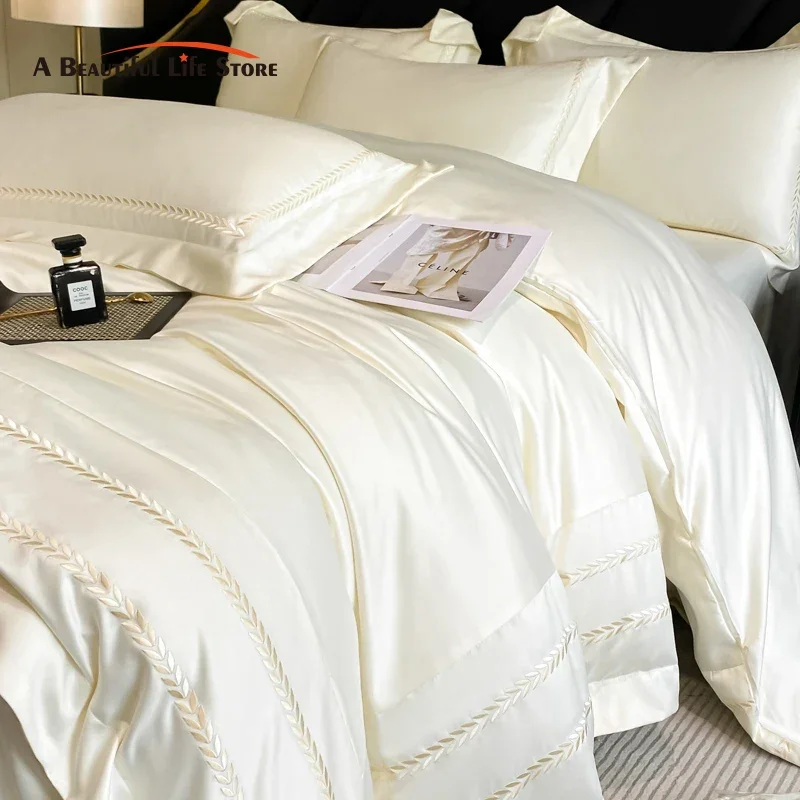 

Summer Solid Color Ice Silk Luxury Embroidery Bedding Set Soft Silky Duvet Cover Flat/Fitted Bed Sheet Set With Pillowcases 4Pcs