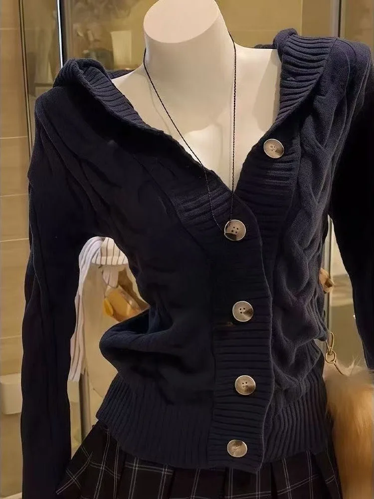 

Preppy Style Solid Twist Hooded Cardigan Y2k Aesthetic Single Breasted Vintage Grunge Tops 2025 Autumn Slim Fit Harajuku Sweater