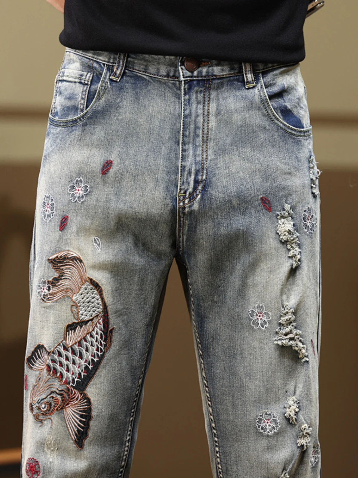 

Высококачественные мужские джинсы с вышивкой, прямого кроя, на эластичной резинке, из смесового хлопка и полиэстера, осенне-зимние, молодежные, модные, длинные брюки