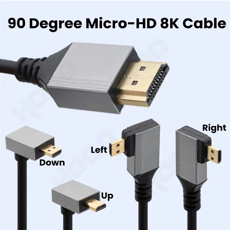 8K UHD Cable 0.5m 1m 90 Degree Up/Down/Left/Right Angle Mini-HD Micro-HD to HD Port Thin Cord for Laptop Camera Tablet Camcorder