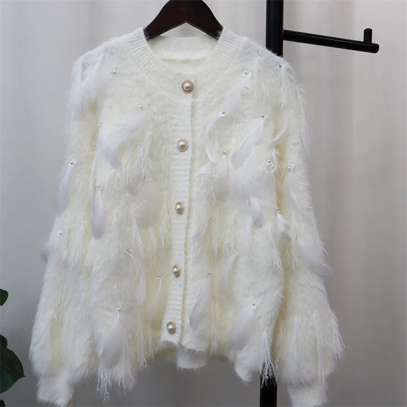 Loose Women Cardigans Autumn Sweet Tassel Feather Solid Female Knitted Sweater Fashion Casual Short Single Breasted Outerwear