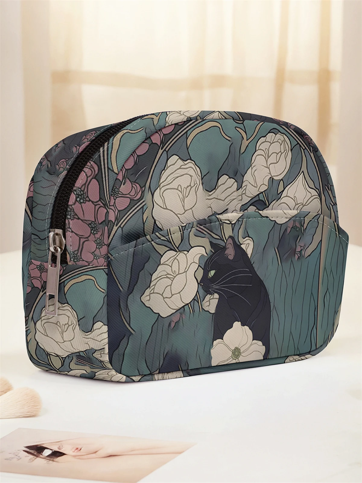 Art Nouveau Schwarze Katze Weißer Blumendruck Kosmetiktasche mit Reißverschluss für Reise-Toilettenartikel-Aufbewahrung – Detail 4
