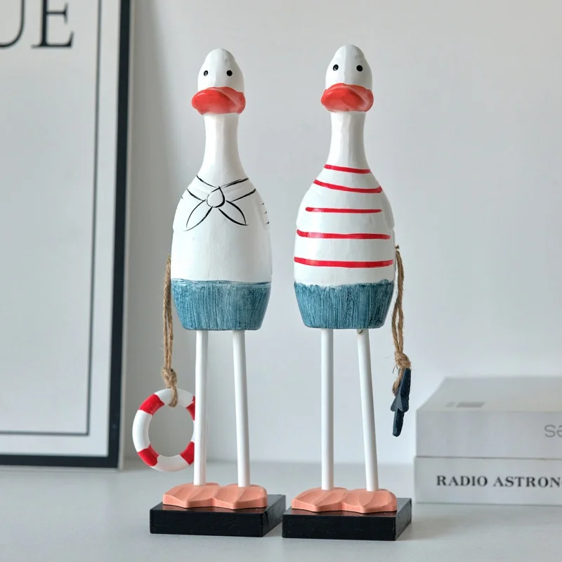1 Pair Wooden Couple Duck Figurines, Nordic Solid Wood Mediterranean Style, Creative Home Decor Gift