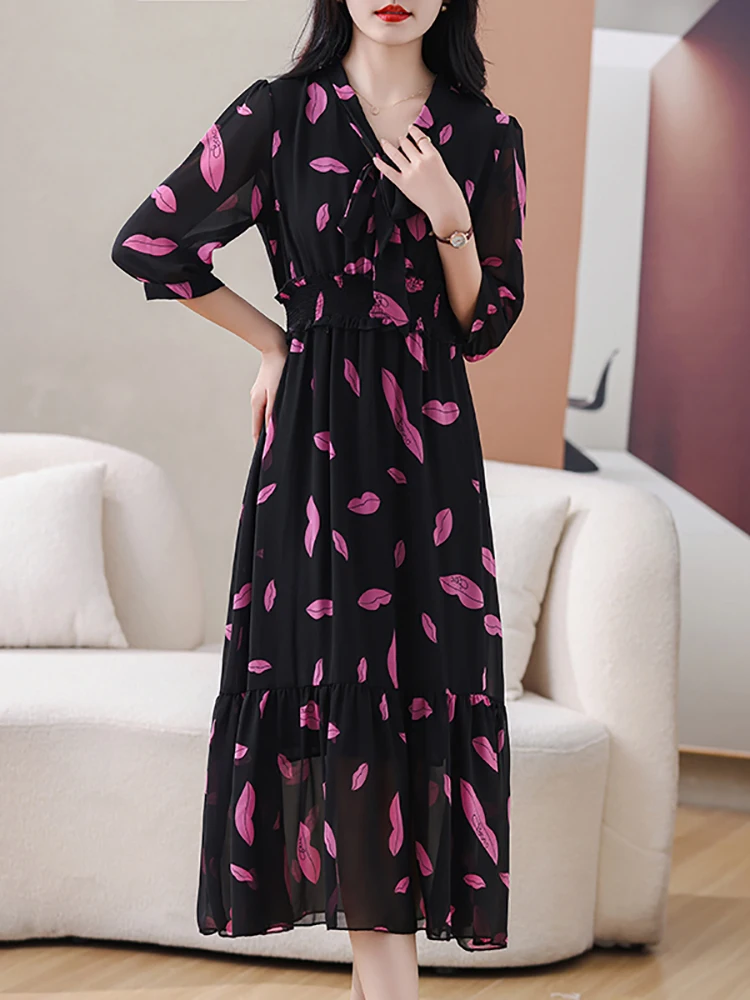 Spring Summer Black Print Chiffon Bow V-Neck Midi Dress Women Elegant and Pretty Dress 2024 Korean Fashion Bodycon Evening Dress