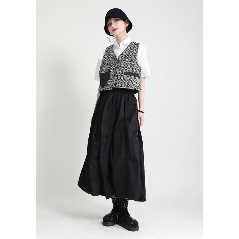 WAKUTA Summer Loose High Waist Mid Length Design Feel Small and Unique A-line Dress Yamamoto Style Dark Black Half Length Skirts