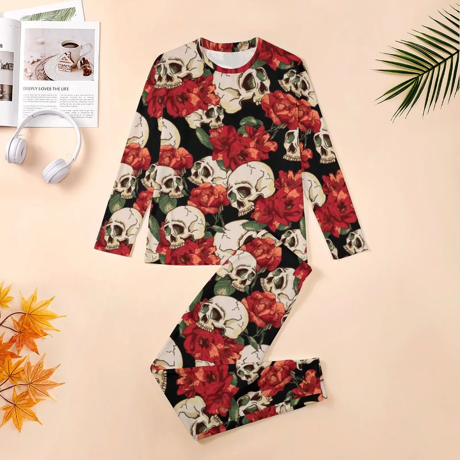 Halloween Day Of The Dead Pajamas Long Sleeve Skull Flowers Two Piece Bedroom Pajama Sets Autumn Men Design Elegant Nightwear