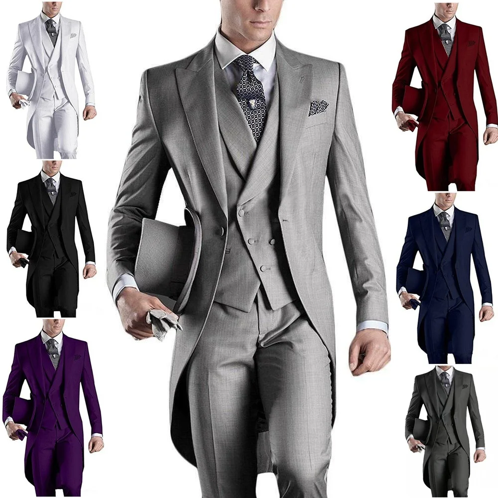 Mnavy-Tailcoat Blanc/Noir/Gris/Bordeaux pour Homme, Costumes de Bal de Promo pour Mariage, Tuxedos, Veste + Pantalon + Gilet