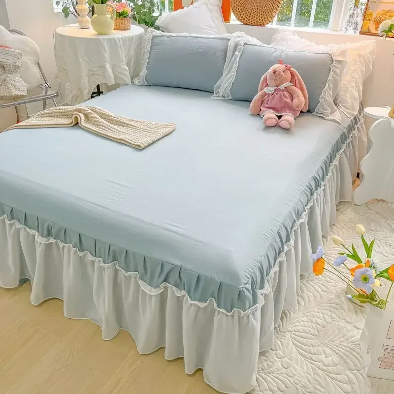 Romantic chiffon white yarn edge bed skirt single piece spring and summer solid color French bedspread non-slip