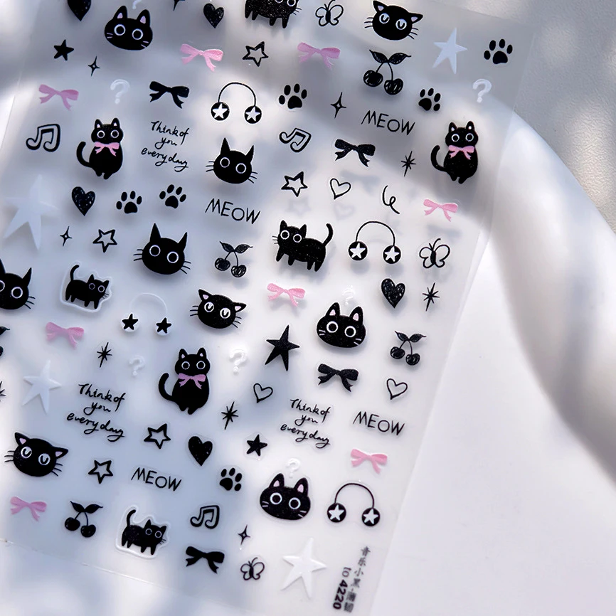 Zwarte Kat Paw Prints Strik Liefde Hart Kersen Miauw Muziek Kitty Star Egyptische Vis Totem Farao Nail Art Sticker Manicure Sticker