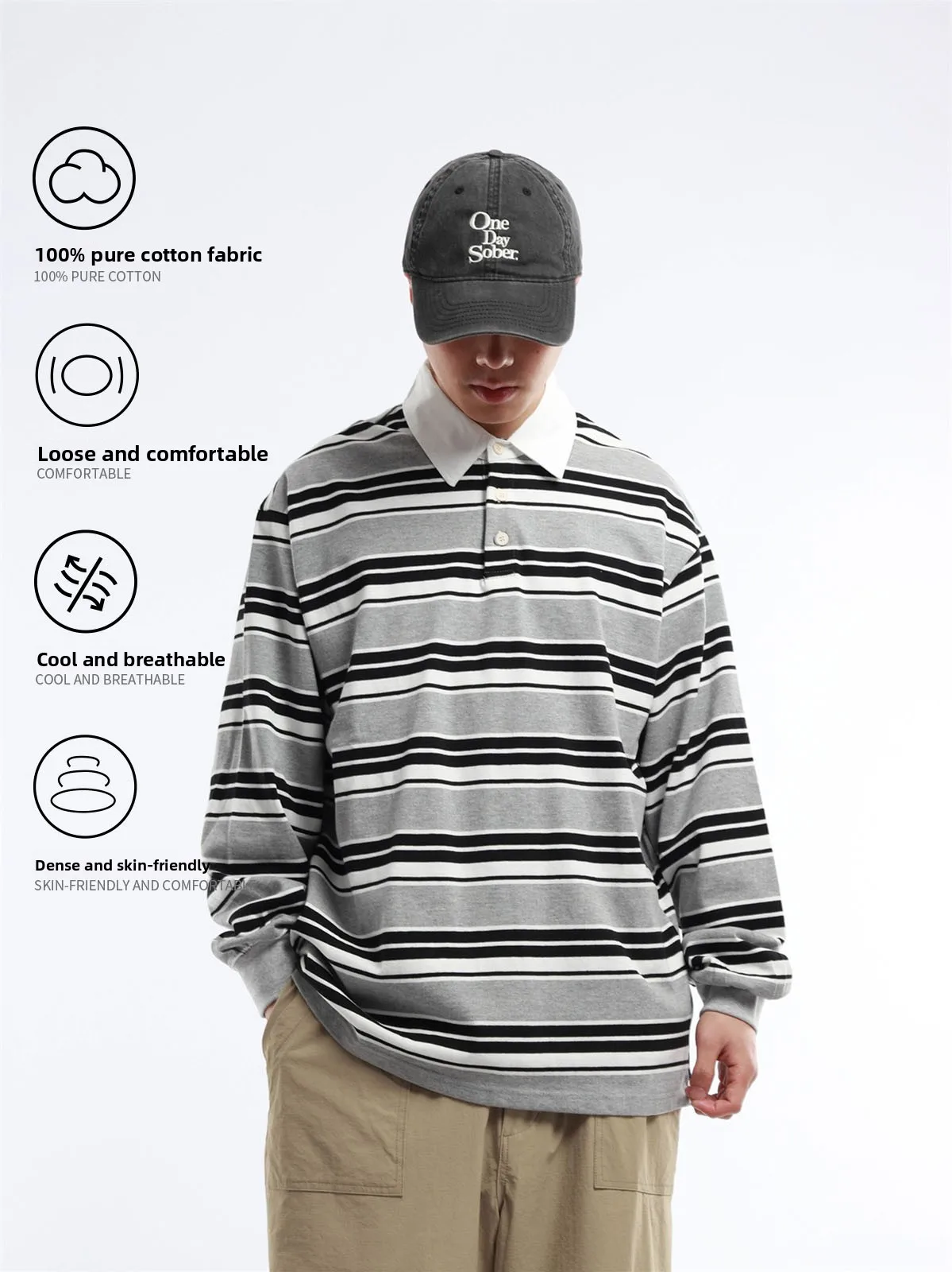 Retro Japanese Style 300g Heavyweight Pure Cotton Men's Loose Fit Cityboy Striped  Shirt Hoodie Fashionable Summer Wear