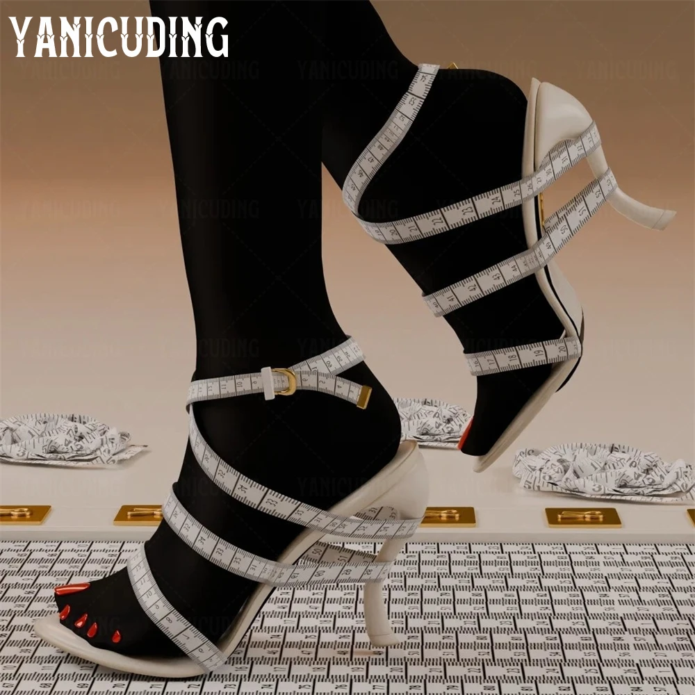 Measuring Tape S-Shaped Heel Sandals Cross-Strap Novelty Summer High Heels Designer Style Band Tape Strange Heel Buckle Sandals