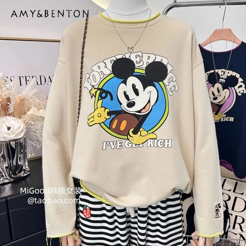 

Pure Cotton Double-Sided Double-Color Stylish Rolled Edge Korean Hoodies Fashion Printed Loose O-Neck Sweatshirt Pullovers Women