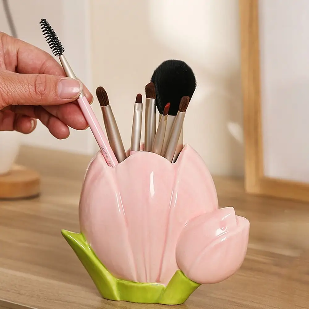 Tulip Flower Flower Makeup Brush Storage Bucket Pen Container Retro Flower Ceramic Tulip Pen Holder Ceramic Cute