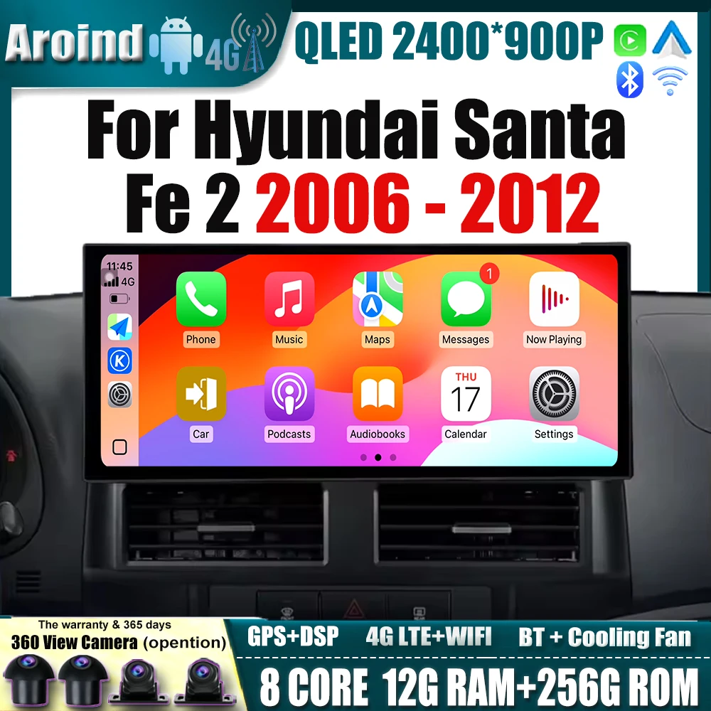 

12.3Inch For Hyundai Santa Fe 2 2006 2007 2008-2012 QLED Screen Multimedia Video Player Navigation GPS Car Accessories Bluetooth