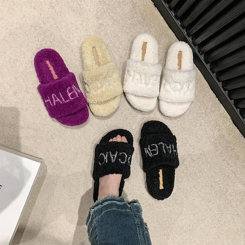 2024 Autumn New Thick Bottom Rhinester Letter Lamb Fur One Body Hair Drag Women's Casual Lazy Slippers