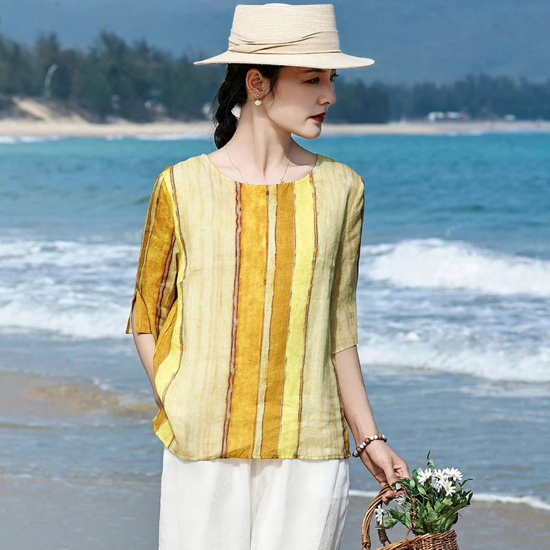 

100% Linen Women Casual T-shirts New Arrival 2026 Summer O-neck Striped Loose Comfortable Female Half Sleeve Tops Tees M2571