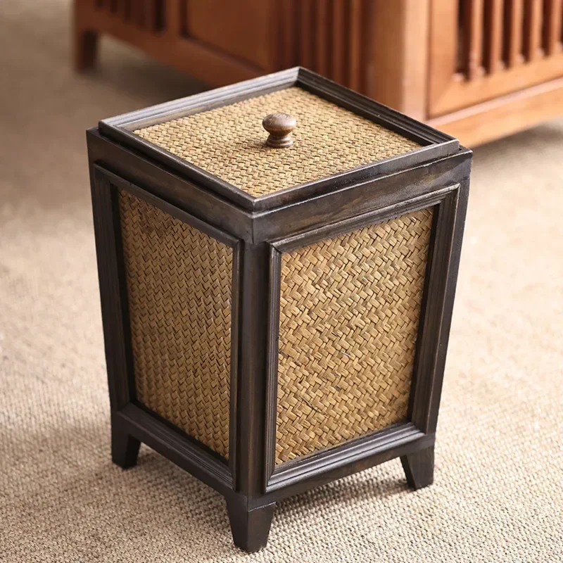 Retro Wood Paper Basket With Cover Living Room Teahouse Trash Can Ancient Bamboo Weaving Garbage Bin Cleaning Tool