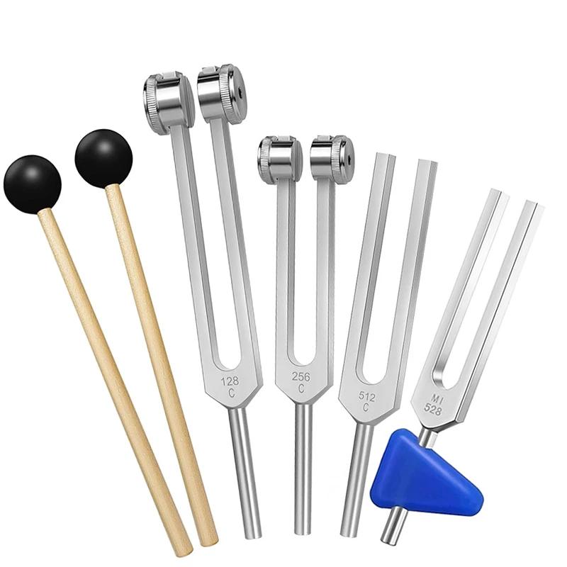 4PCS Lot Tuning Fork Set (128Hz 256Hz 512Hz 528Hz) with Mallet Chakra Massager Stick Hammer for Yoga Sound Healing Therapy A2