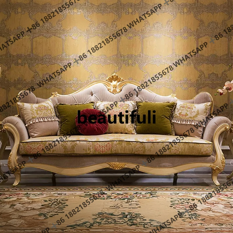 

French solid wood carving flower first layer cowhide velvet fabric combination sofa villa furniture small apartment