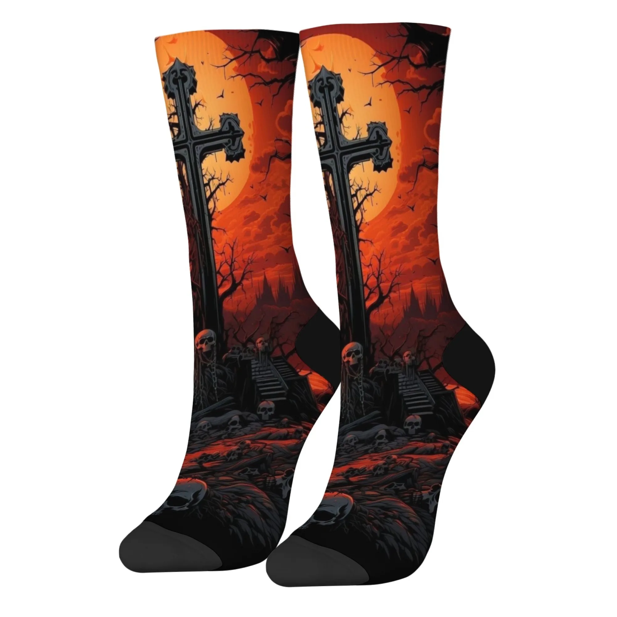Unique dark cemetery cross skull sunset Halloween style novel Harajuku funny retro compression socks unisex party holiday gift
