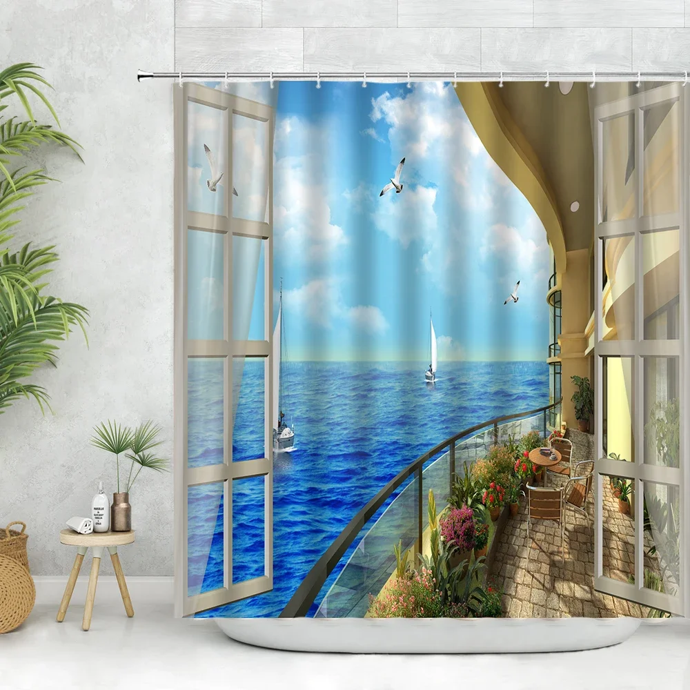 Blue Ocean Scenery Shower Curtains Wooden Fishing Boat Sea Beach Landscape 3D Summer Nature Bathroom Curtain Set Cloth Decor