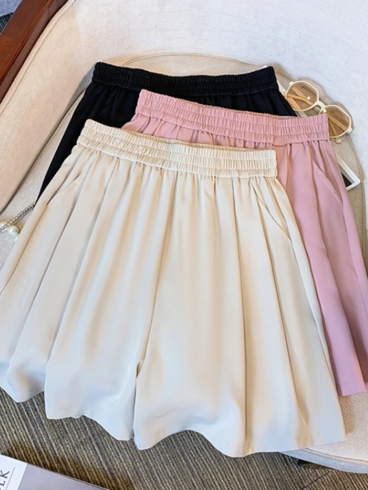 

High Waist A-Line Suit Shorts Women Summer New Large Size Casual Elastic Waist Wide Leg Pants Five Shorts Commute Style