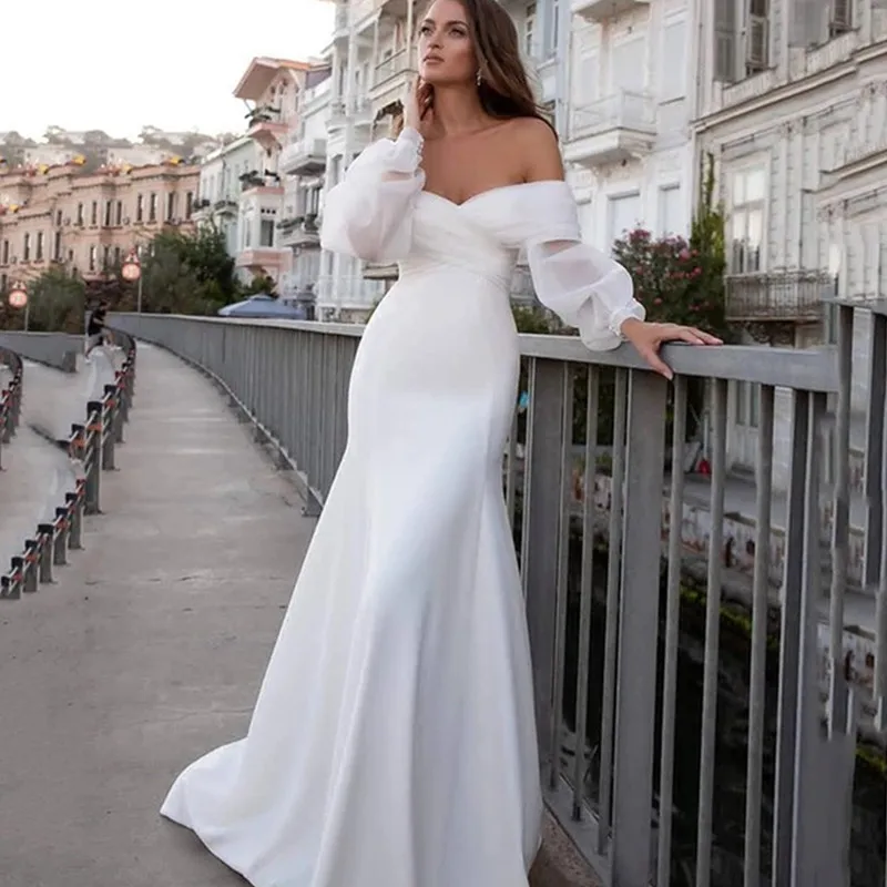 Robe de mariée blanche en Satin, style Boho, col bateau, manches lanternes, dos nu, avec traîne, élégante, pour femmes, nouvelle collection