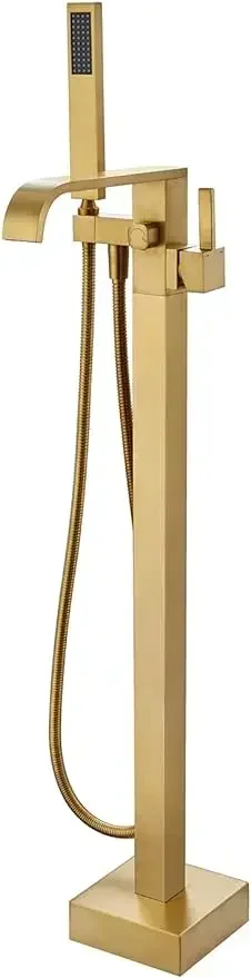 

Freestanding Bathtub Faucet Tub Filler Brushed Gold Floor Mount Faucets Brass Single Handle with Hand Shower