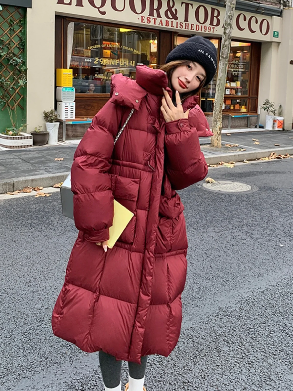 레드 롱 오버니 여성용 패딩 재킷 겨울 패션 하이엔드 브레드 스타일 스트리트웨어 한국 출퇴근 스타일 지퍼 클로저