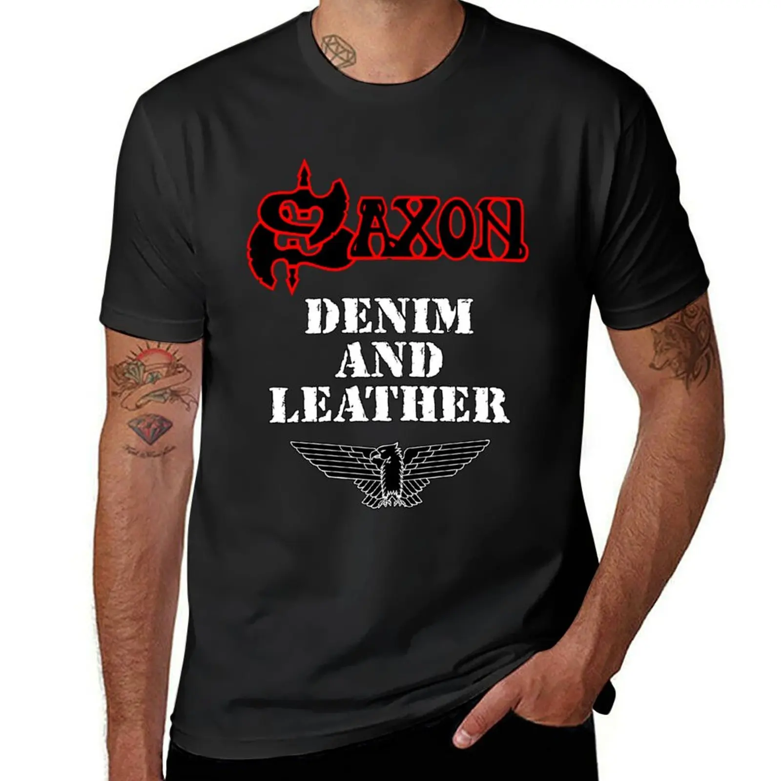 

Denim and Leather by Saxon - Classic Old School Heavy Metal NWOBHM Classic T-Shirt graphics summer tops men clothes