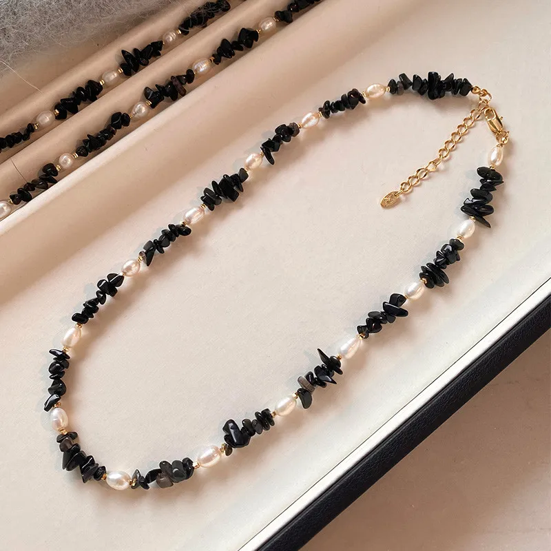 

New Arrival Elegant Natural Freshwater Pearl Black Crystal 14K Gold Filled Female Beads Chain Necklace Jewelry For Women Gifts