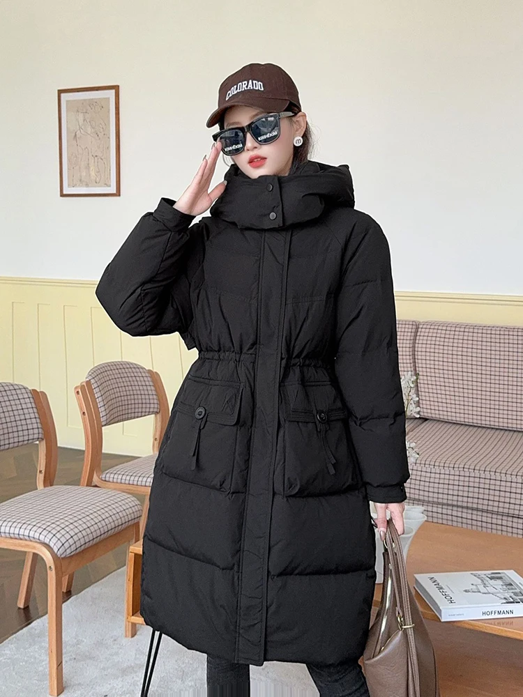 Winter Long Detachable Hooded Parker Down Jacket Female Drawstring Warm Knee Length Outwears Women White Duck Down Jackets Coat