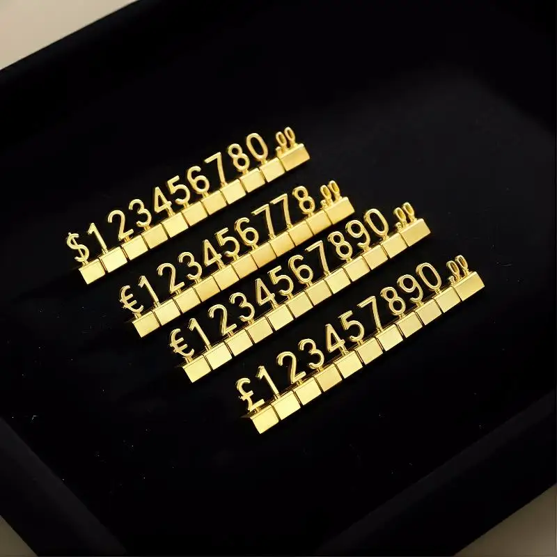Goldene 3D-Kombinations-Preisschilder 12 Stück/Set - Verstellbare Zahlenwürfel mit Dollar- & Euro-Symbol für Schmuckgeschäft-Displays – Detail 3