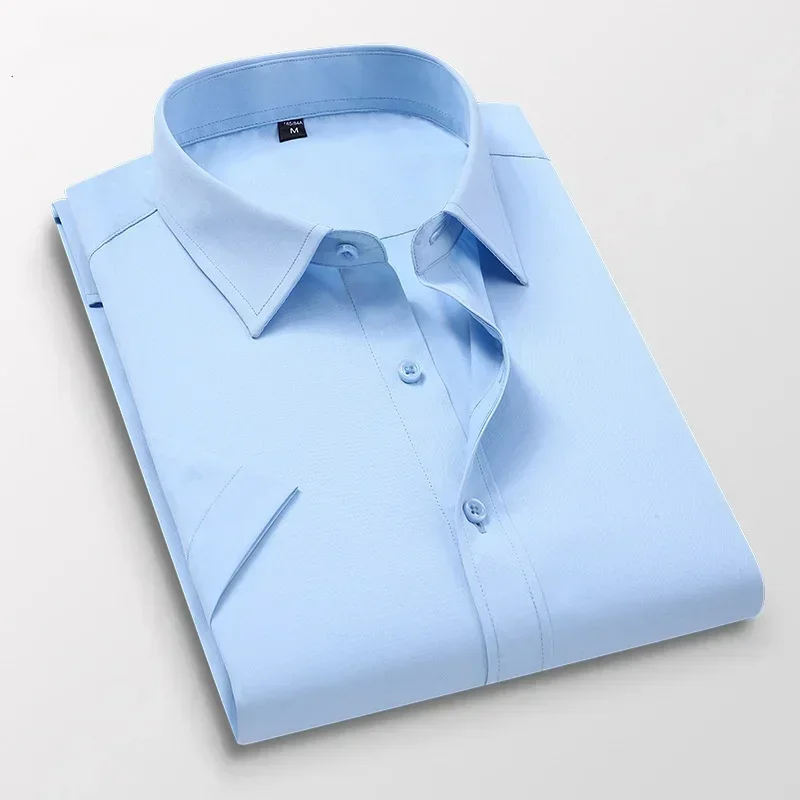 Summer New Short-sleeved Shirt Men\'s Solid Color Ice Silk Thin Business Formal Casual Office No-iron White Shirt Large Size 5XL