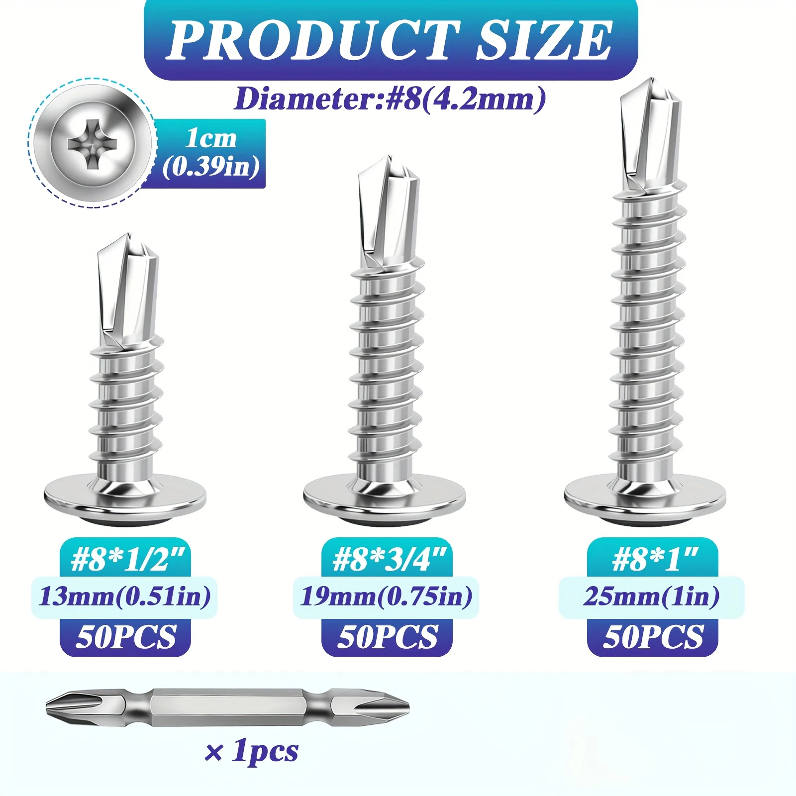 150pcs TEK Self-Tapping Screw Combo Set Includes 3 Lengths (13/19/25mm) Round Head Phillips Design