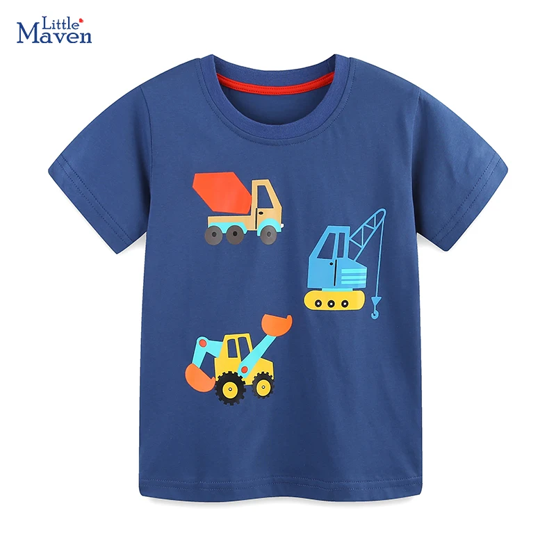 Little maven Baby Boys 2026 Summer New Kids Clothes T Shirts Holiday Children's Clothing Cartoon Excavators Shirts 2-7 Years