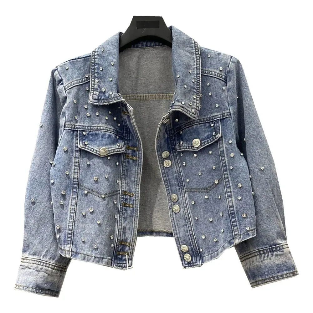 Veste en jean cloutée de diamants de style européen, cardigan printemps automne, haut classique à col rabattu, veste courte pour femme, vêtements de moto