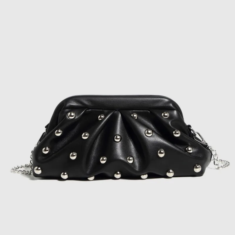 New fashion pleated dumpling bag with rivets, hand-held dumpling bag, chain bag, shoulder bag, crossbody bag