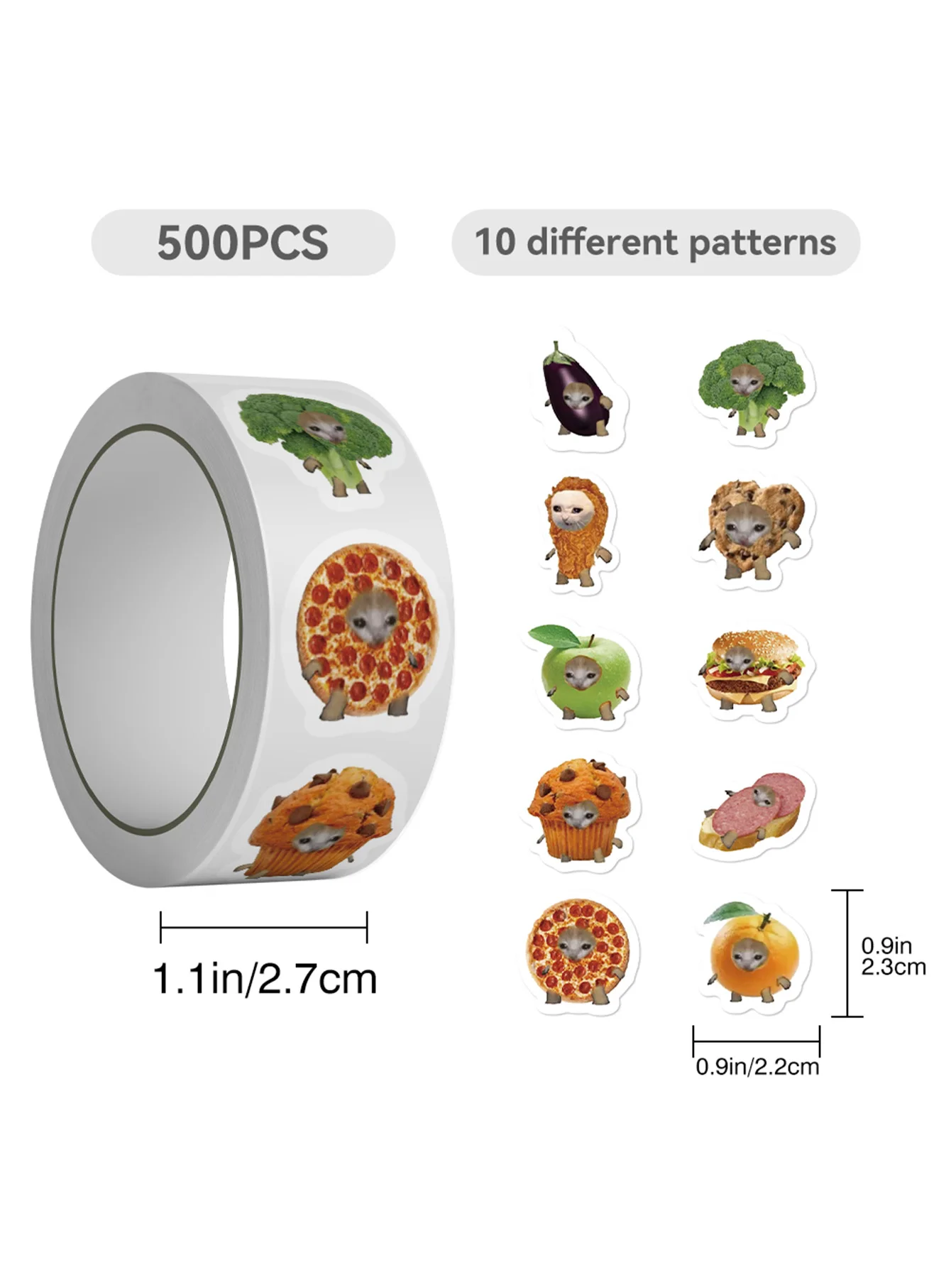 500개/롤 음식 고양이 머리 롤업 스티커 재미있고 장난스러운 낙서 스티커 DIY 노트북 스크랩북 헬멧 장식 스티커