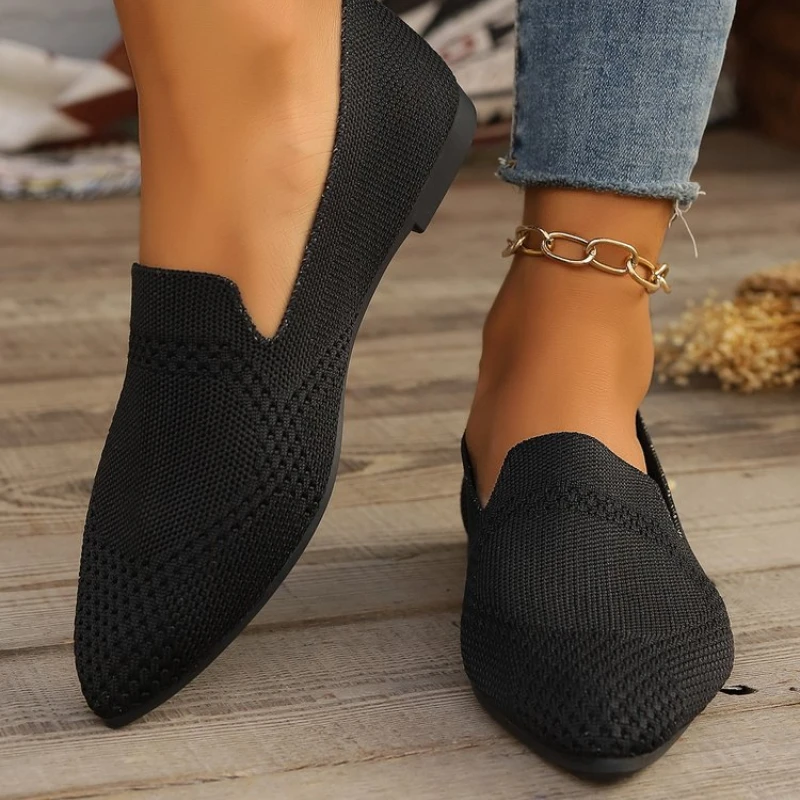 2024 Solid Color Square Toe Mesh Loafers Shallow Women Flats Shoes Soft Bottom Knit Ballet Flats Shoes Casual Slip on Boat Shoes