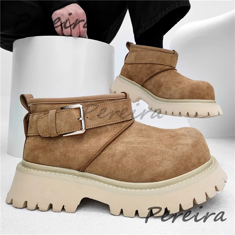 

Brown Thick Soled Snow Boots for Men Metal Buckle Big Round Toe Platform Ankle Boots Winter Warm Suede Leather Male Shoes