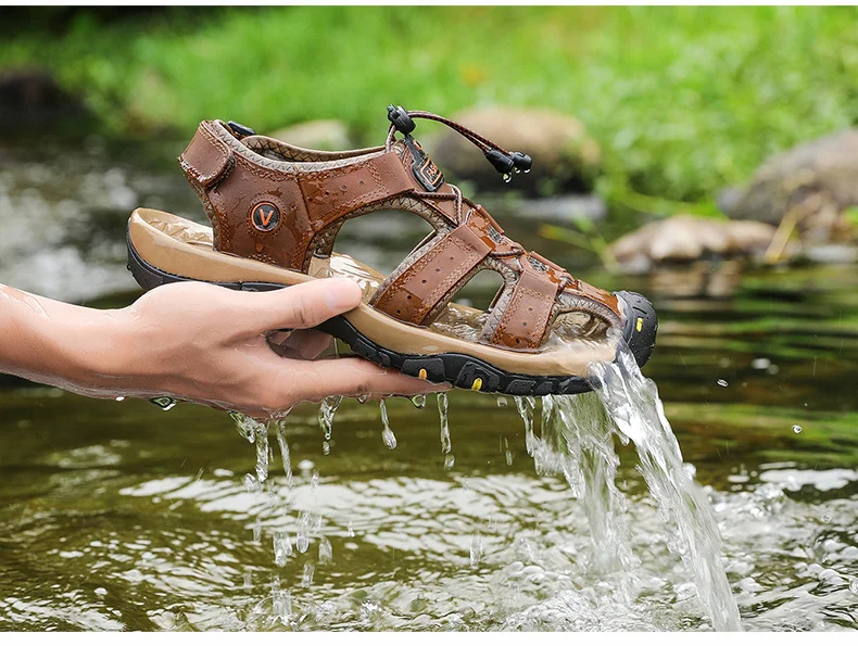 Sandalias de cuero genuino para hombre, zapatos de verano para hombre, zapatos de agua al aire libre, sandalias de cuero