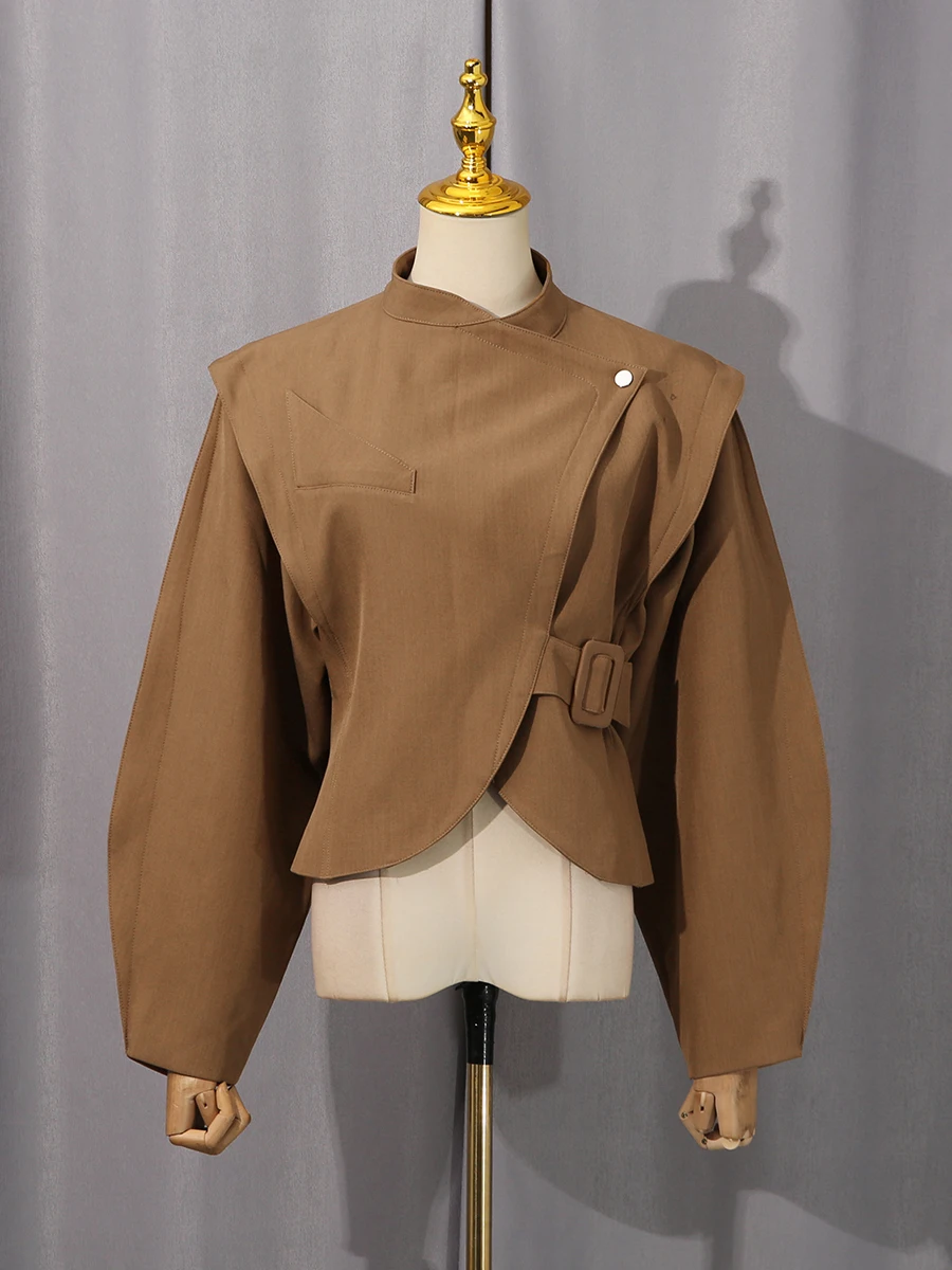 VGH Solid Temperament Loose Spliced Lace Up Short Jackets For Women Stand Collar Long Sleeve Autumn Designer Party Coat Female