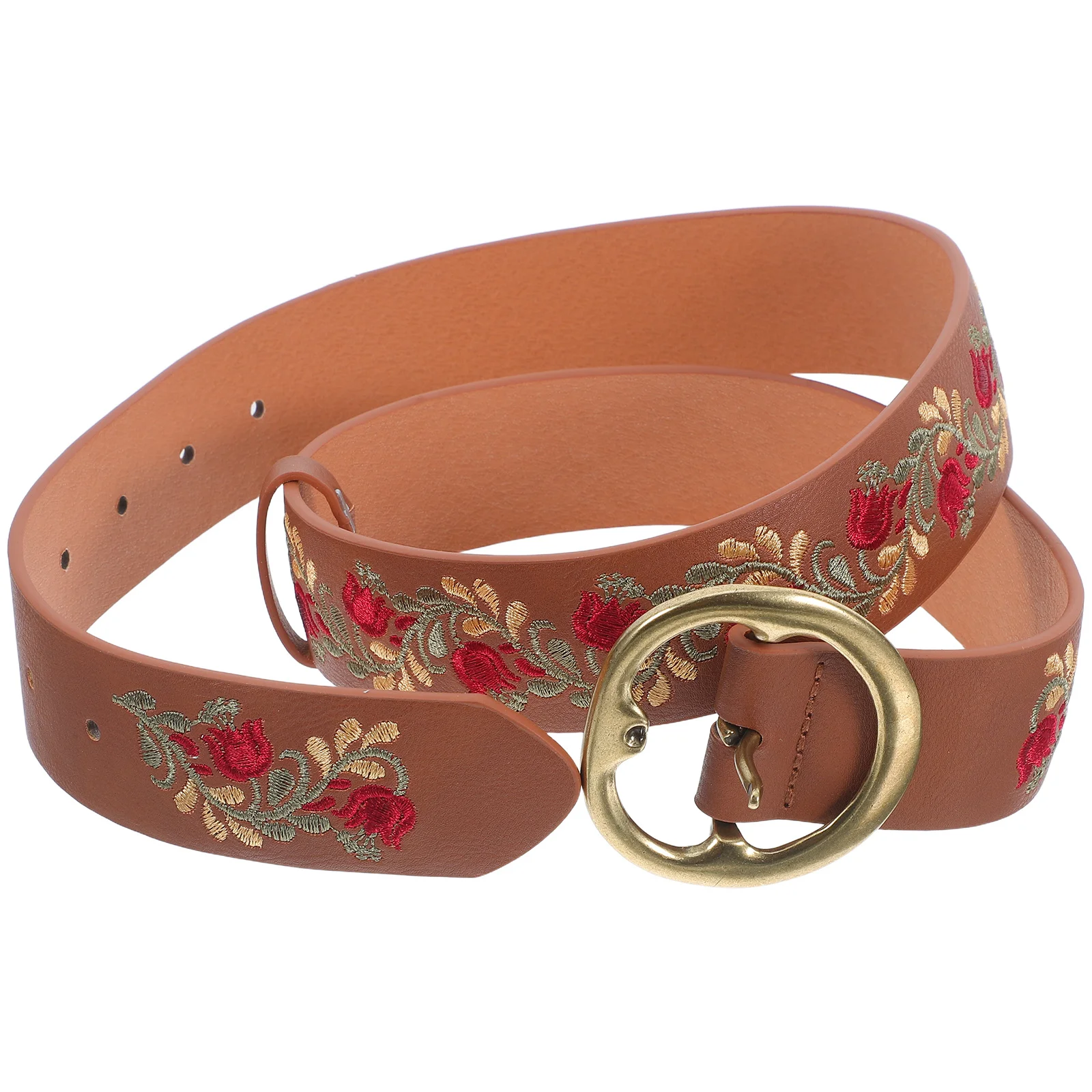 

Boho Embroidered Flower Belt Adjustable Buckle Ethnic Design for Dresses Jeans Women Fashion Accessory Brown Belt