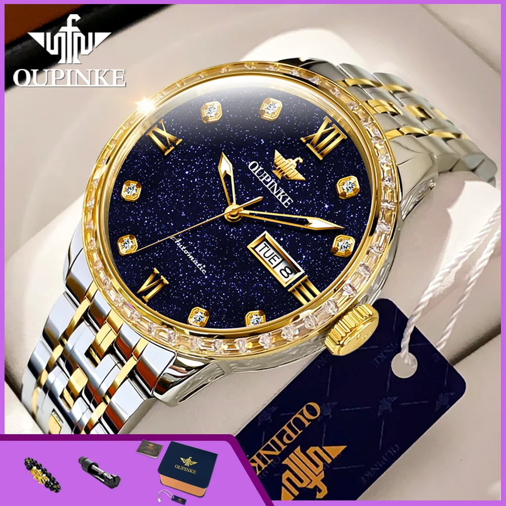 OUPINKE 3241 Mechanical Watches For Men Top Luxury Diamond Bezel Starry Sky Dual Calendar Imported Movement Automatic Man Watch