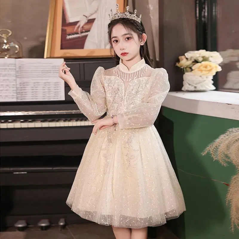 Girl's Long Sleeve Dress Fashion Elegant Princess Dress Girl Birthday Banquet Children's Gauze Performance Costume High-End Gift