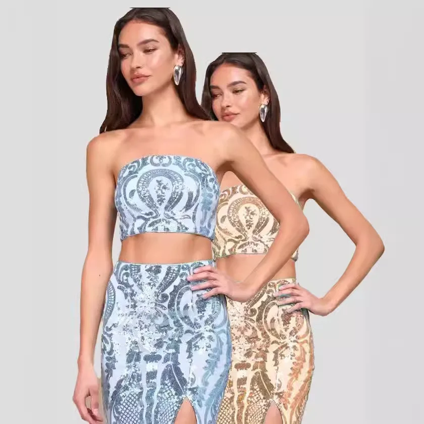 

Блестящее и очаровательное светло-голубое вечернее платье-топ с блестками, комплект из двух предметов (2 цвета), новинка осени и зимы 2025 года, мода